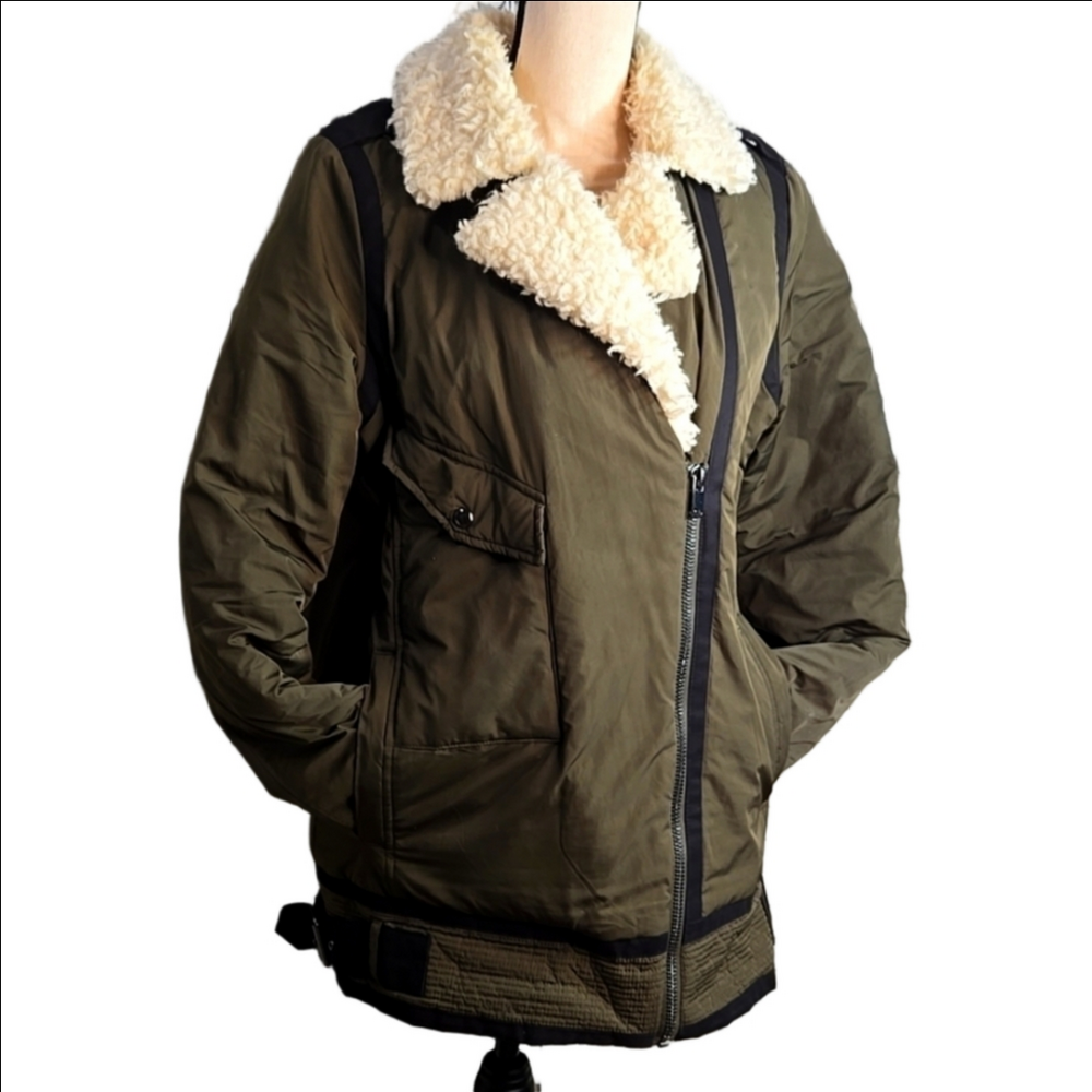 Mango Hip-length Jacket Womens M Olive-Green Quilted Lining Zipper